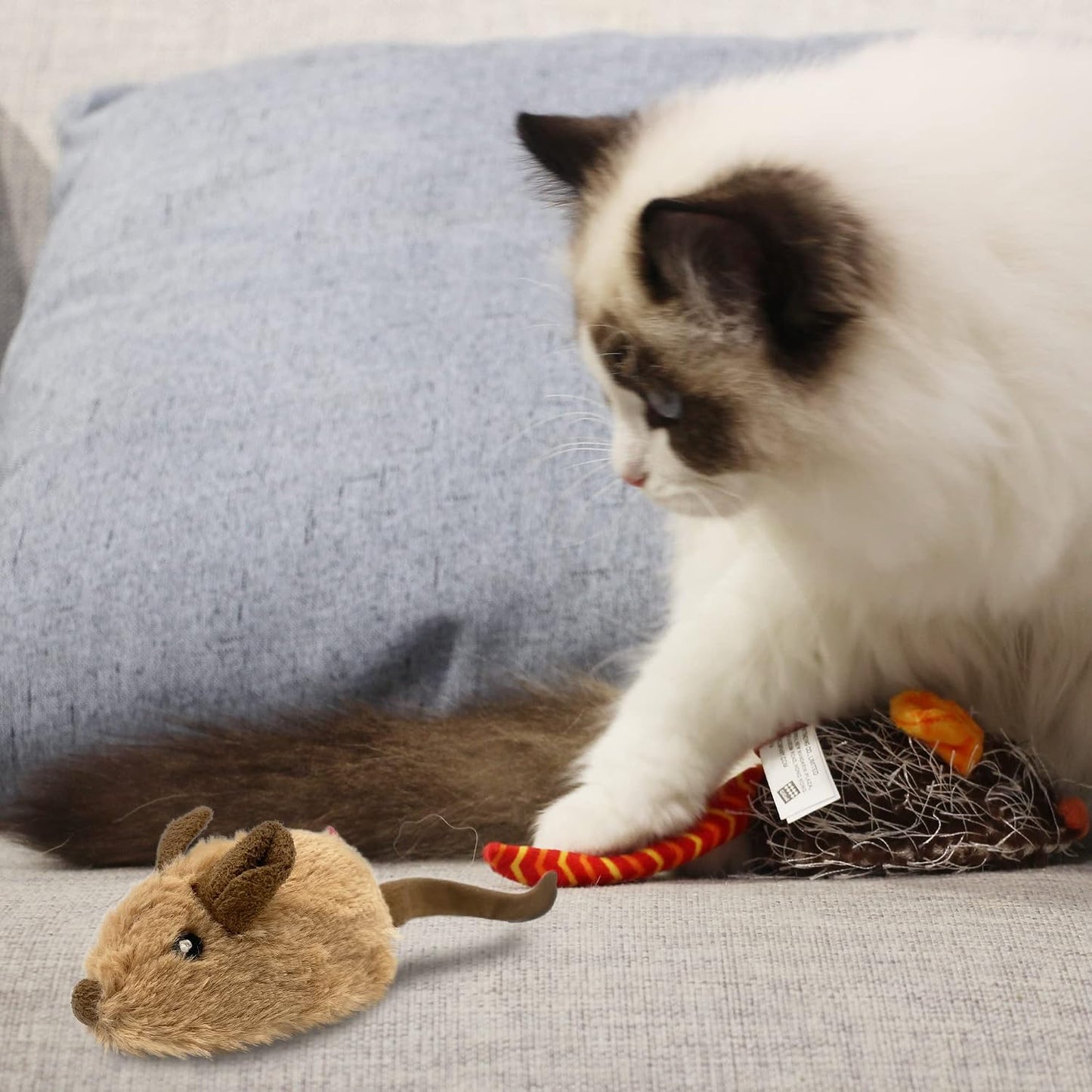 Interactive Cat Toys for Indoor Cats, Cat Mouse Toys 2 Pcs with Electronic Realistic Squeaky Sound, Automatic Moving Kitten Toys Electric Mice Toy Self Play Exercise(Brown & Orange Ears)