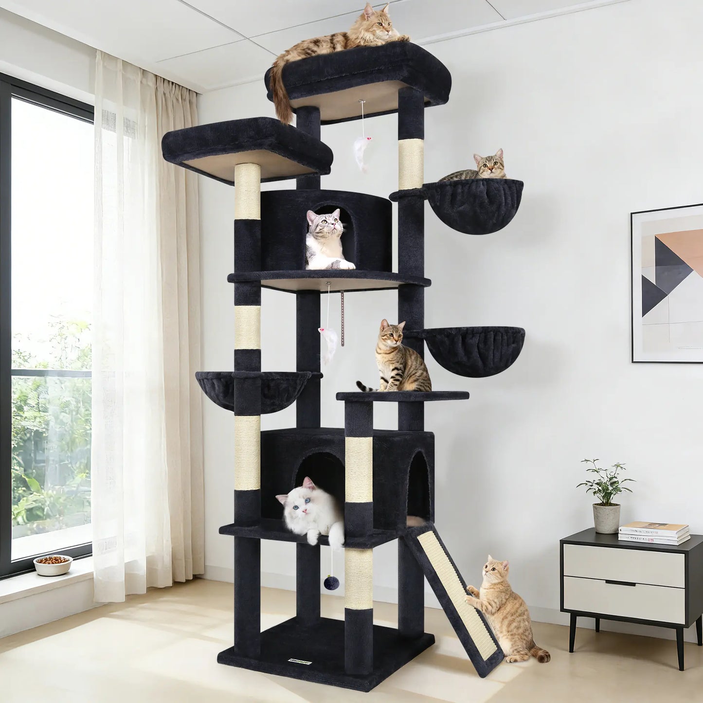 DESKAT 76" Cat Tree for Large Cats,2 Condos & 3 Hammocks, Sisal Scratching Posts, F76,