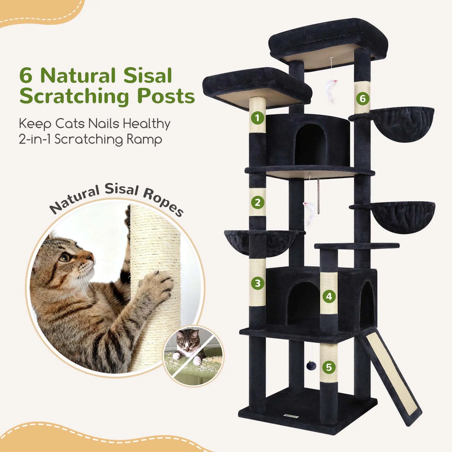 DESKAT 76" Cat Tree for Large Cats,2 Condos & 3 Hammocks, Sisal Scratching Posts, F76,