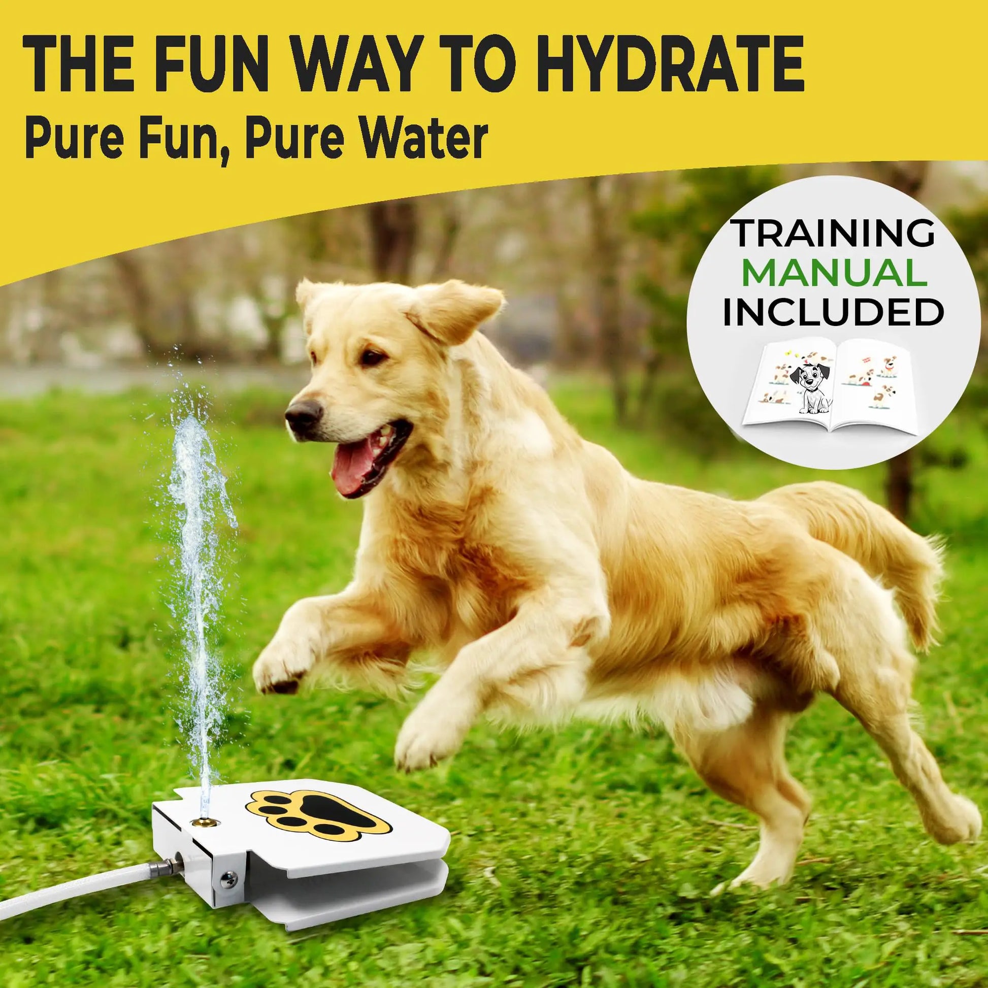 Outdoor Dog Water Fountain Step on - Upgrade Large Dog Sprinkler Drinking Water Dispenser Dog Paw Waterer Activated with Stainless Steel Hose Provides Fresh Water, Sturdy, Easy to Use