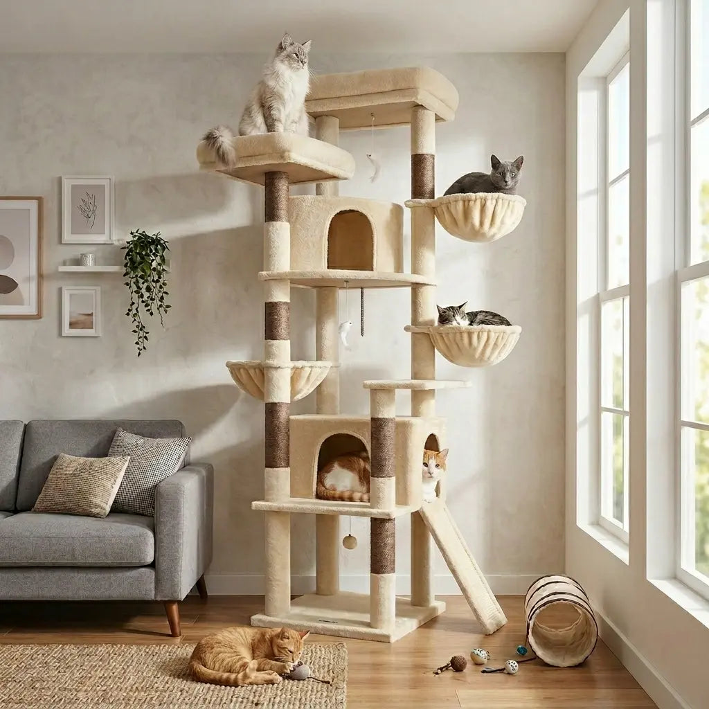 DESKAT 76" Cat Tree for Large Cats,2 Condos & 3 Hammocks, Sisal Scratching Posts, F76,