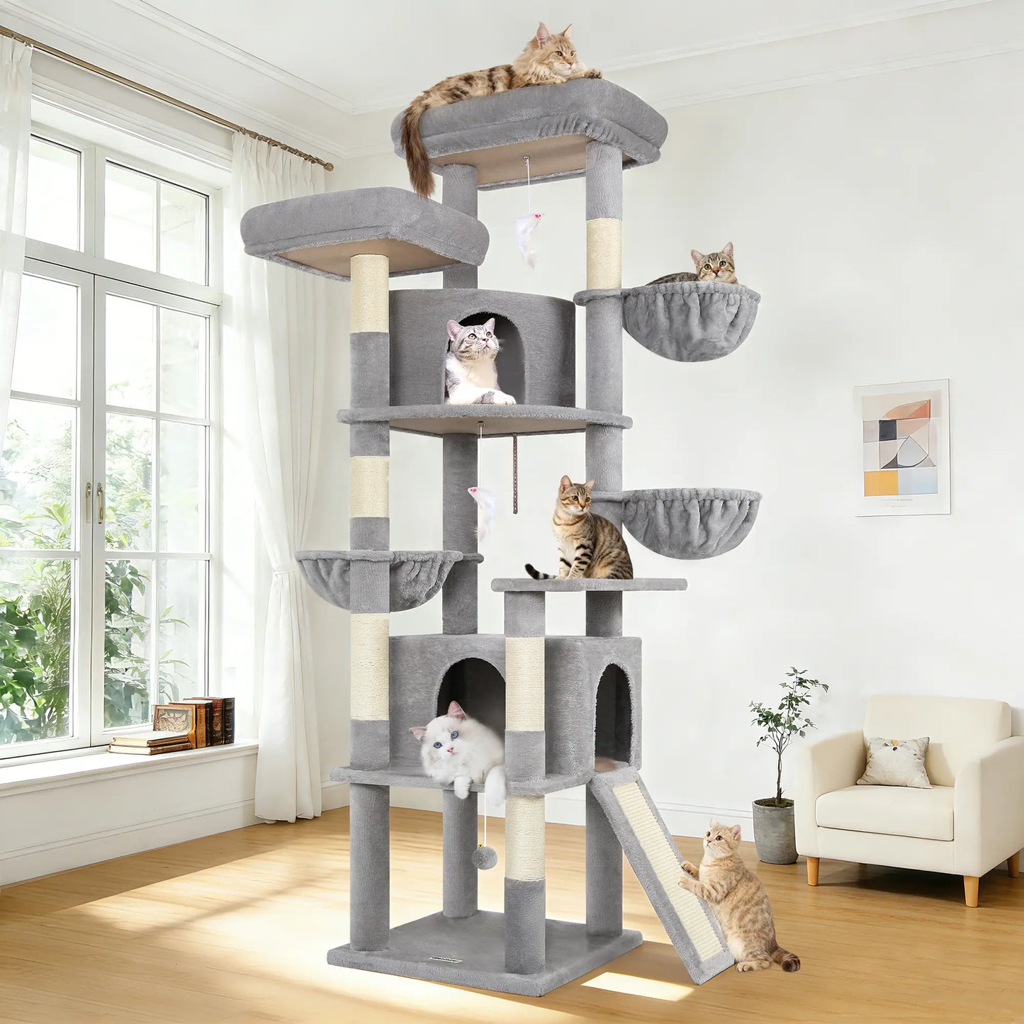 DESKAT 76" Cat Tree for Large Cats,2 Condos & 3 Hammocks, Sisal Scratching Posts, F76,