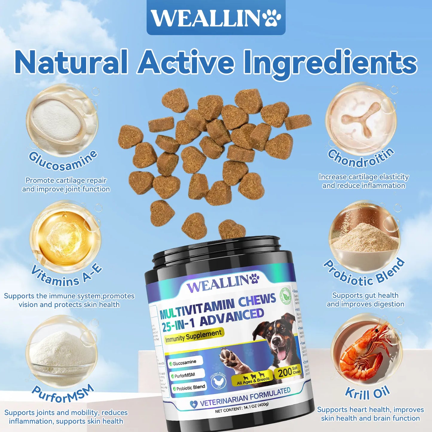 Dog Multivitamin Chews – 25-In-1 Supplement with Glucosamine, Probiotics & Omega-3 | for Puppies & Adult Dogs | Joint, Coat, Heart, Digestion & Immune Support – 200 Count