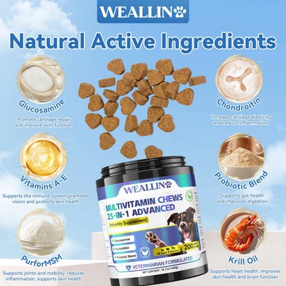 Dog Multivitamin Chews – 25-In-1 Supplement with Glucosamine, Probiotics & Omega-3 | for Puppies & Adult Dogs | Joint, Coat, Heart, Digestion & Immune Support – 200 Count