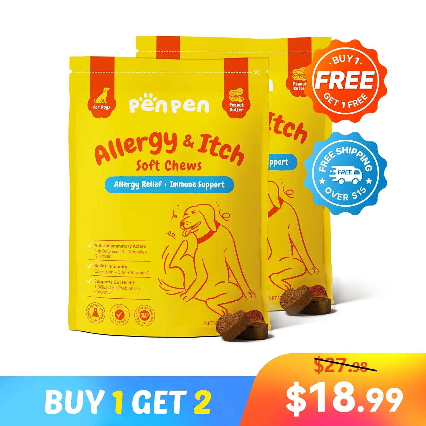 【Buy 1 Get 2】Penpen Dog Allergy-Relief Soft Chews, Omega 3 for Itching Skin Immune Support Peanut Butter Flavor 24 Months Supply