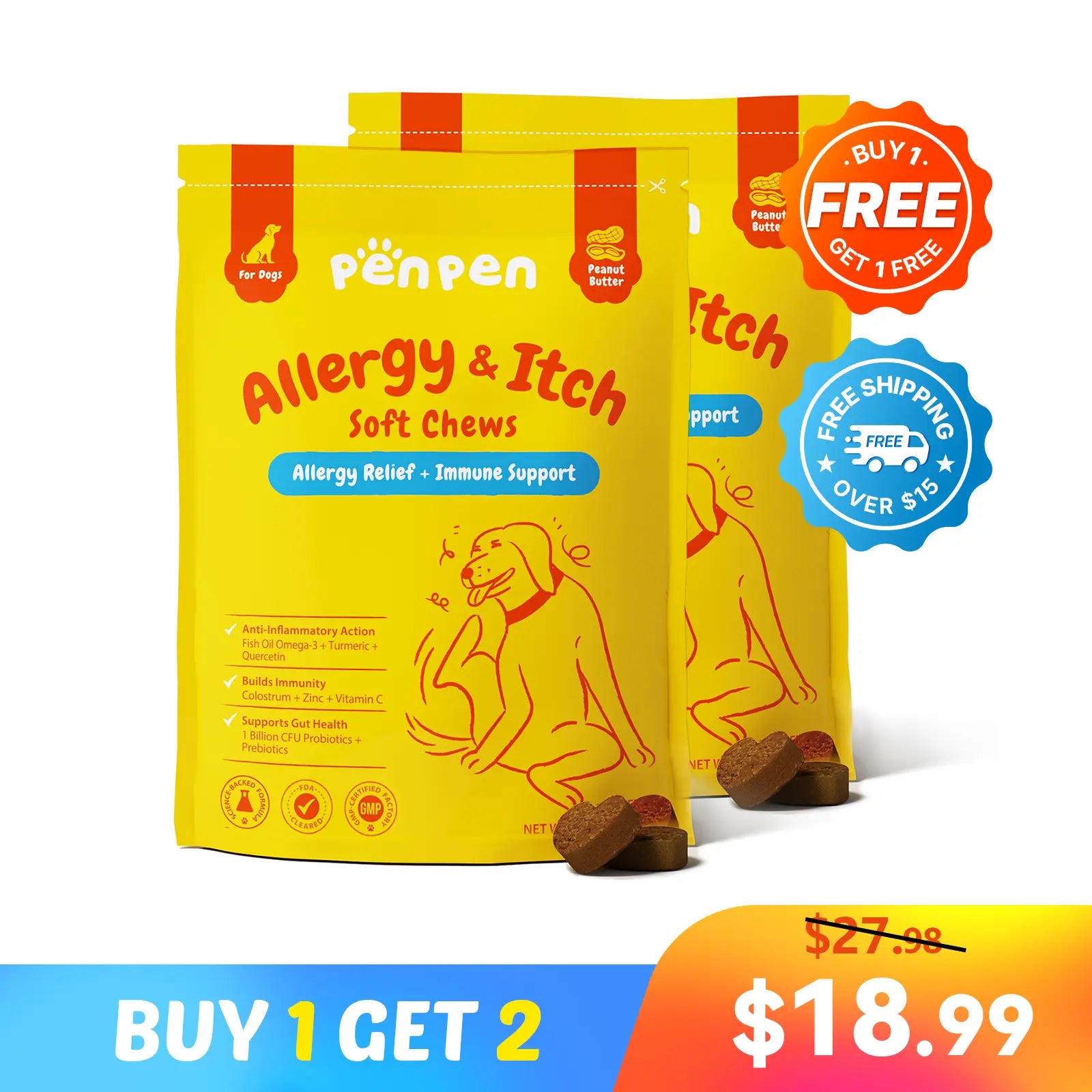 【Buy 1 Get 2】Penpen Dog Allergy-Relief Soft Chews, Omega 3 for Itching Skin Immune Support Peanut Butter Flavor 24 Months Supply