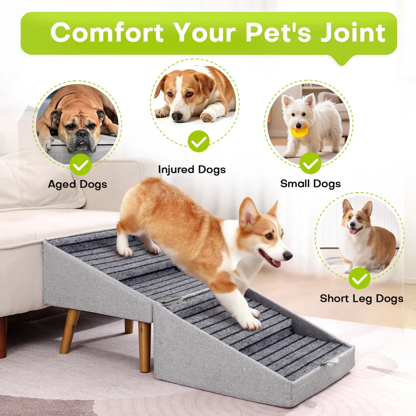 17'' Dog Stairs Ramp for Couch | Ziluce Wooden Ottoman Ramp for Sofa or Short Bed | for Senior,Small, Medium Dogs, Dachshund, IVDD | 2-In-1 Convertible Home Step Stool with Wood Foot