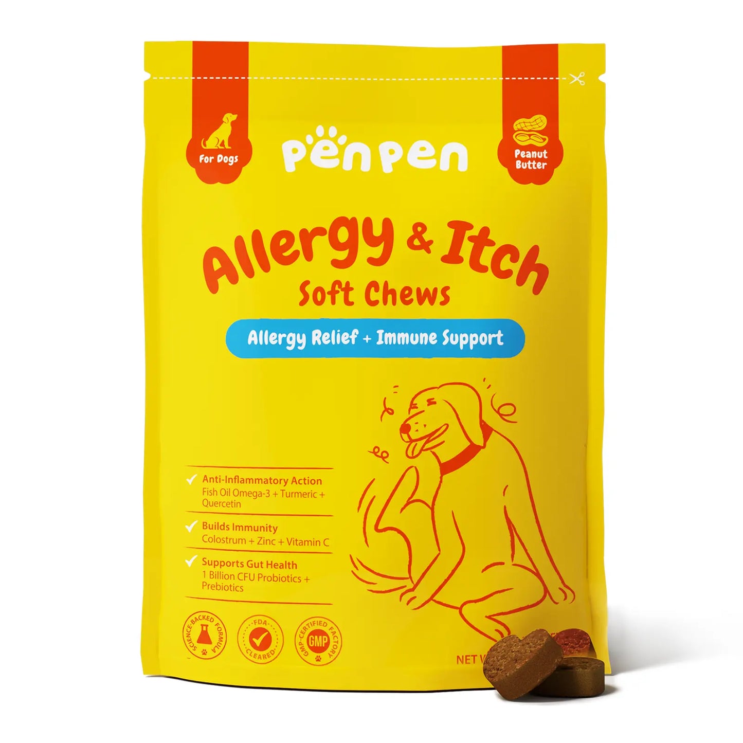 【Buy 1 Get 2】Penpen Dog Allergy-Relief Soft Chews, Omega 3 for Itching Skin Immune Support Peanut Butter Flavor 24 Months Supply