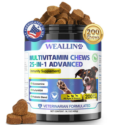 Dog Multivitamin Chews – 25-In-1 Supplement with Glucosamine, Probiotics & Omega-3 | for Puppies & Adult Dogs | Joint, Coat, Heart, Digestion & Immune Support – 200 Count