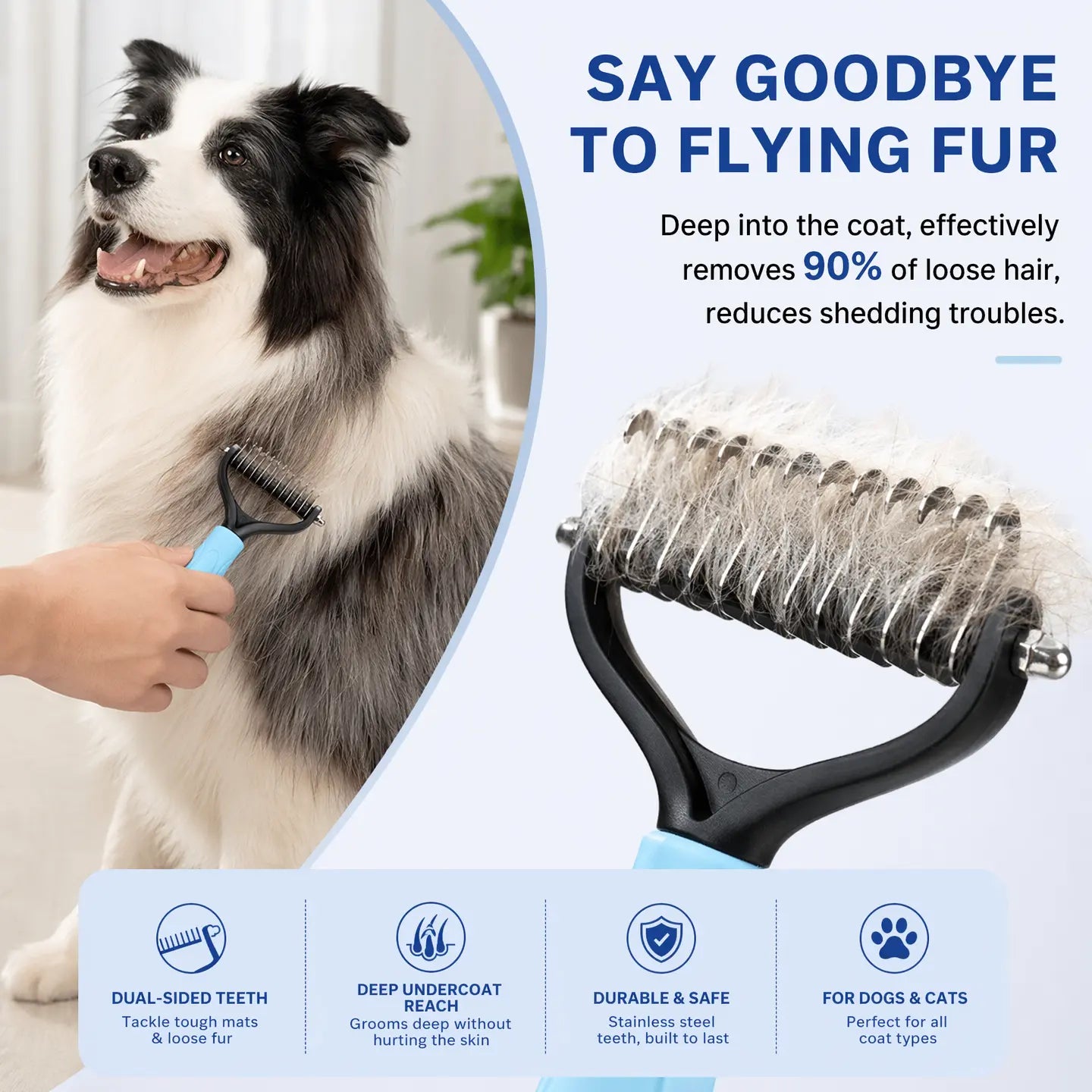 Pet Grooming Brush - Double Sided Shedding and Dematting Undercoat Rake Comb for Dogs and Cats, No More Nasty Shedding or Flying Hair