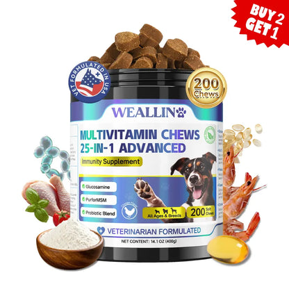 Dog Multivitamin Chews – 25-In-1 Supplement with Glucosamine, Probiotics & Omega-3 | for Puppies & Adult Dogs | Joint, Coat, Heart, Digestion & Immune Support – 200 Count