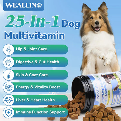Dog Multivitamin Chews – 25-In-1 Supplement with Glucosamine, Probiotics & Omega-3 | for Puppies & Adult Dogs | Joint, Coat, Heart, Digestion & Immune Support – 200 Count