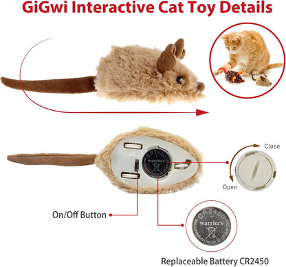 Interactive Cat Toys for Indoor Cats, Cat Mouse Toys 2 Pcs with Electronic Realistic Squeaky Sound, Automatic Moving Kitten Toys Electric Mice Toy Self Play Exercise(Brown & Orange Ears)