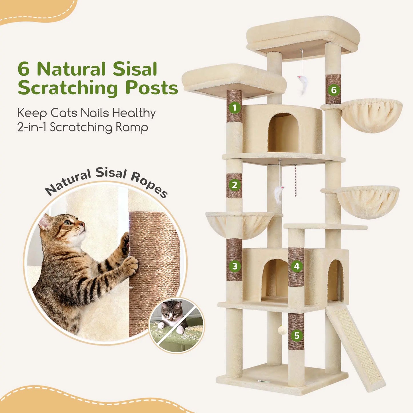 DESKAT 76" Cat Tree for Large Cats,2 Condos & 3 Hammocks, Sisal Scratching Posts, F76,