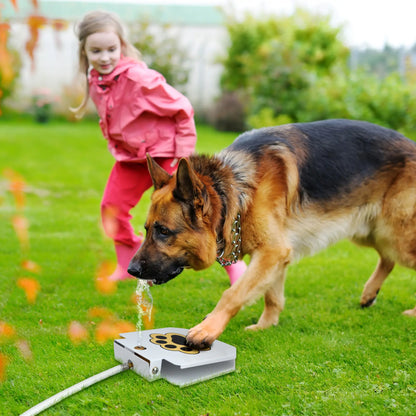 Outdoor Dog Water Fountain Step on - Upgrade Large Dog Sprinkler Drinking Water Dispenser Dog Paw Waterer Activated with Stainless Steel Hose Provides Fresh Water, Sturdy, Easy to Use