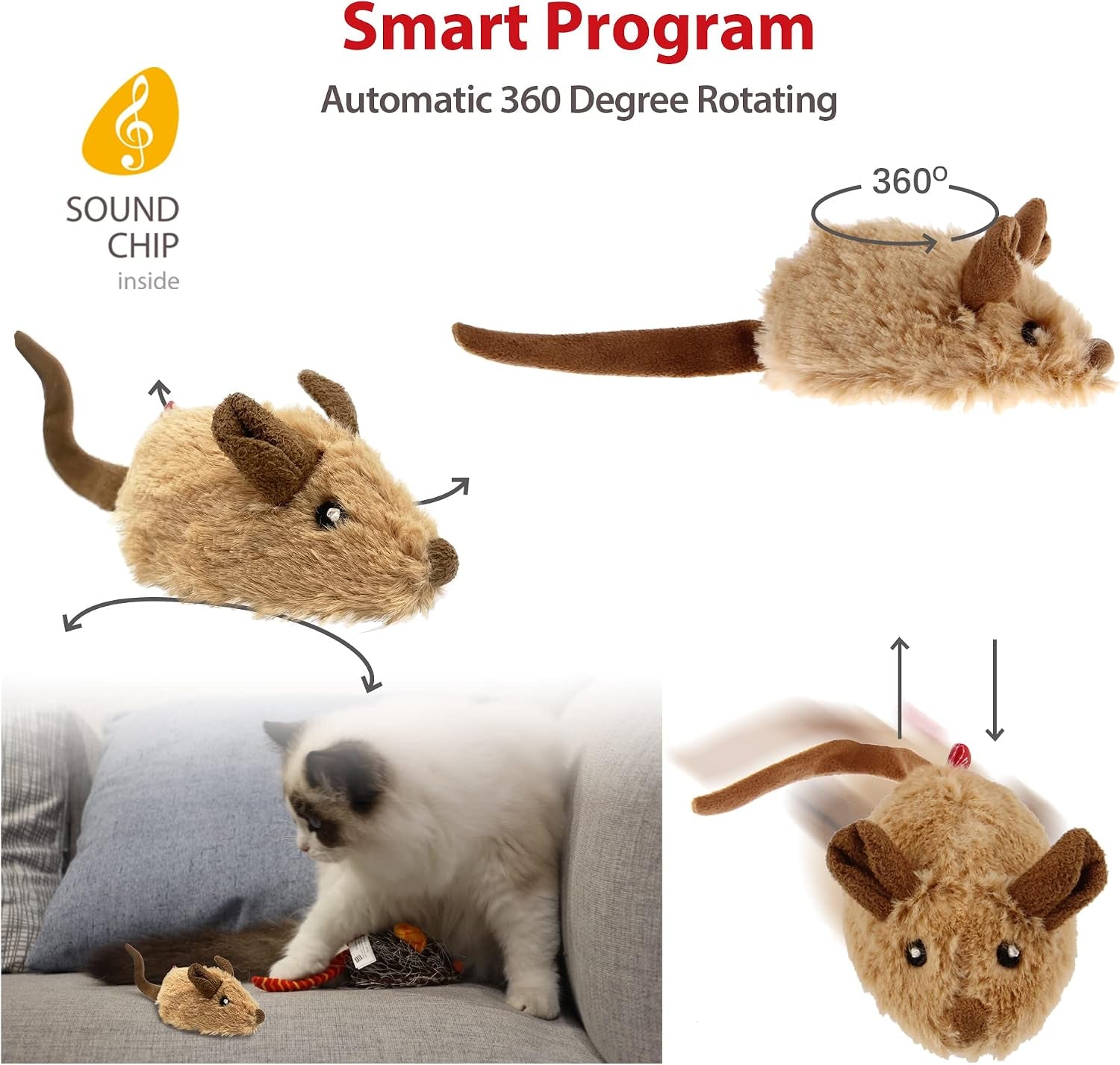 Interactive Cat Toys for Indoor Cats, Cat Mouse Toys 2 Pcs with Electronic Realistic Squeaky Sound, Automatic Moving Kitten Toys Electric Mice Toy Self Play Exercise(Brown & Orange Ears)