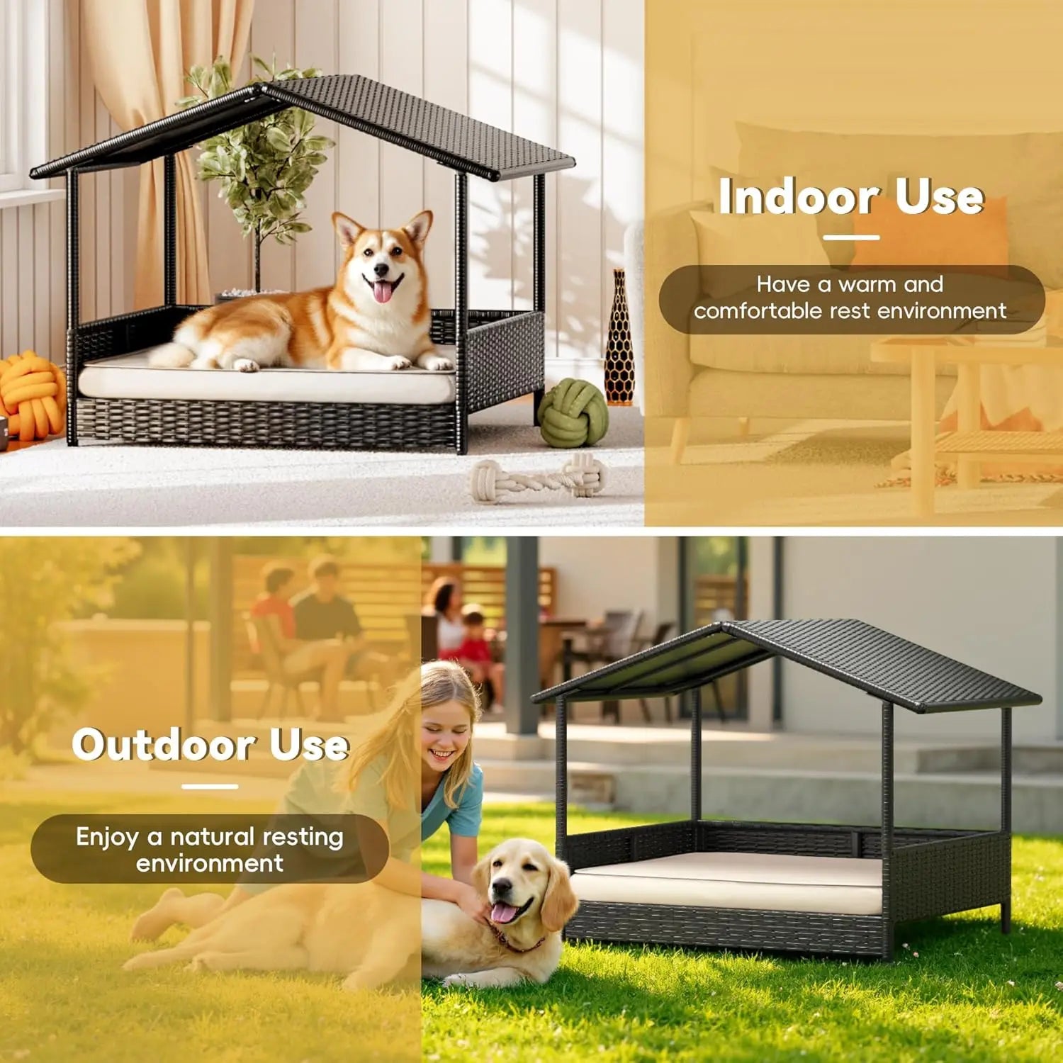 Warcat Wicker Dog House Outdoor Indoor Elevated Dog Shelter Dog Bed with Cushion, for Deck, Patio, Yard, Home #Tiktokshopdealsforyoudays #Dealsforyoudays