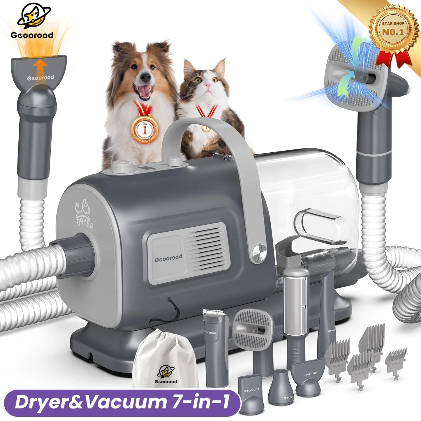 【Geoorood】 Geoorood Dog Grooming All-In-One Kit with Vacuum Brush 2.5L Large Pog, Stainless Steel Blades Lightweight Design 13Kpa Suction Force Portable Cleaning Set#Dealsforyoudays #Summerwins