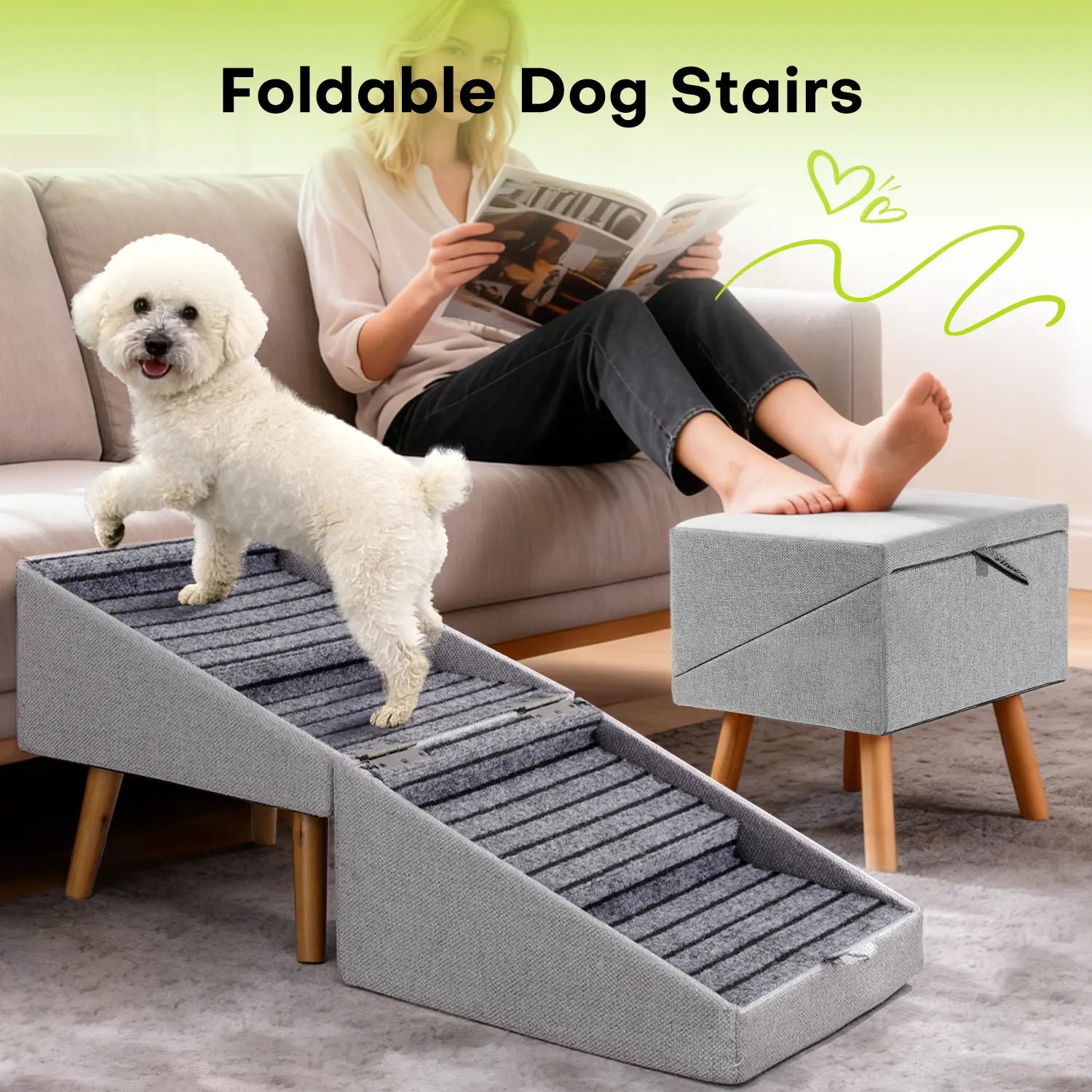 17'' Dog Stairs Ramp for Couch | Ziluce Wooden Ottoman Ramp for Sofa or Short Bed | for Senior,Small, Medium Dogs, Dachshund, IVDD | 2-In-1 Convertible Home Step Stool with Wood Foot