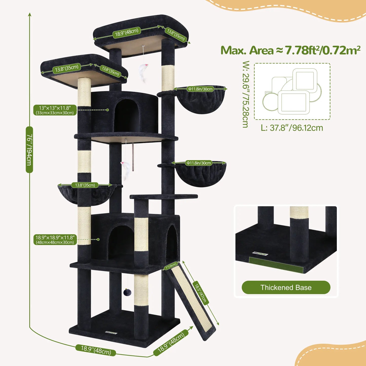 DESKAT 76" Cat Tree for Large Cats,2 Condos & 3 Hammocks, Sisal Scratching Posts, F76,