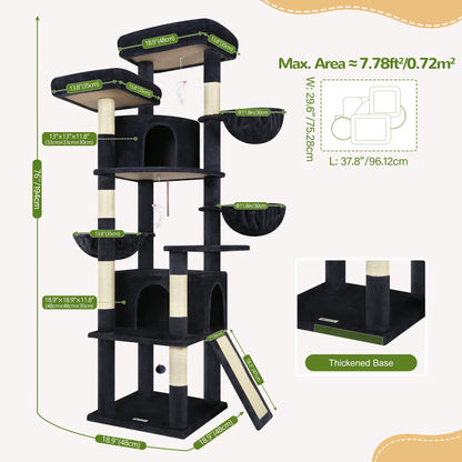 DESKAT 76" Cat Tree for Large Cats,2 Condos & 3 Hammocks, Sisal Scratching Posts, F76,
