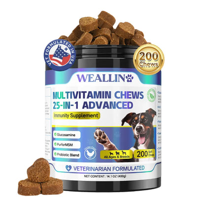 Dog Multivitamin Chews – 25-In-1 Supplement with Glucosamine, Probiotics & Omega-3 | for Puppies & Adult Dogs | Joint, Coat, Heart, Digestion & Immune Support – 200 Count