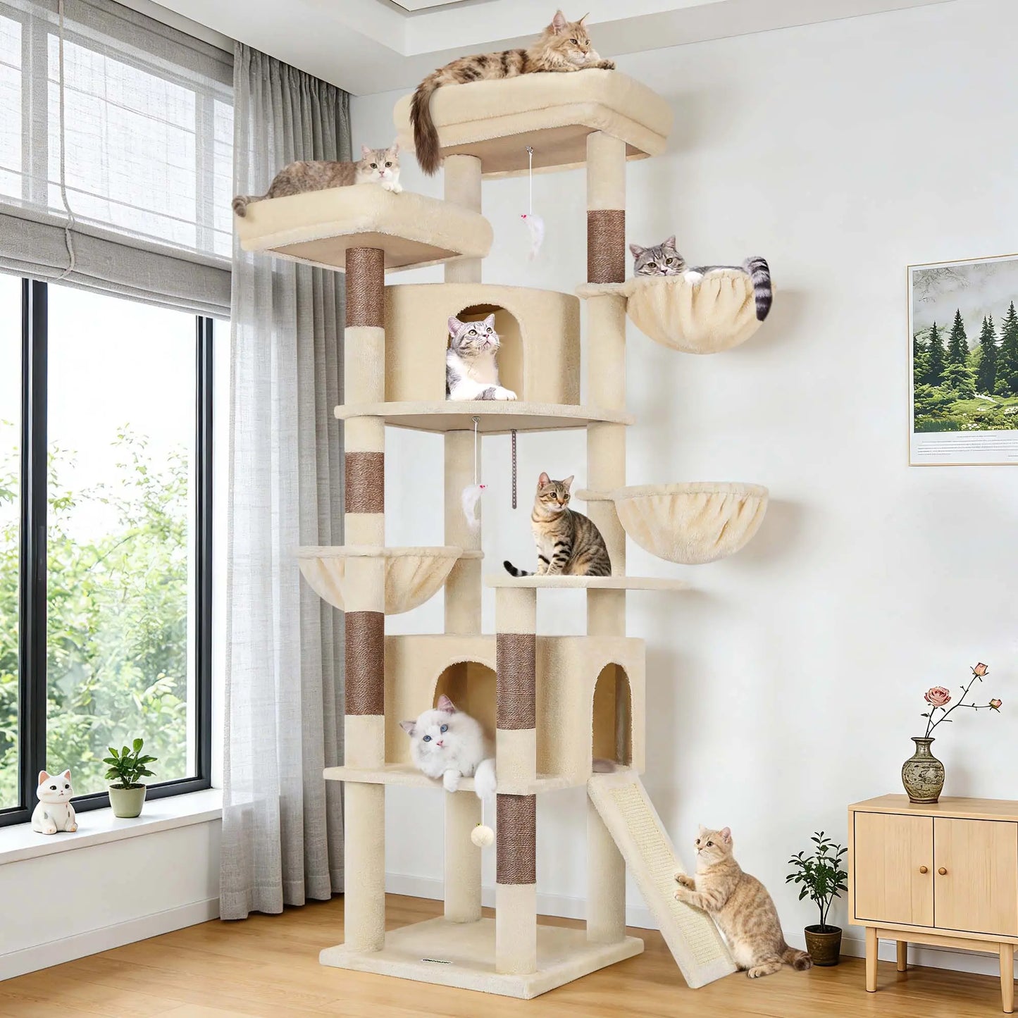 DESKAT 76" Cat Tree for Large Cats,2 Condos & 3 Hammocks, Sisal Scratching Posts, F76,