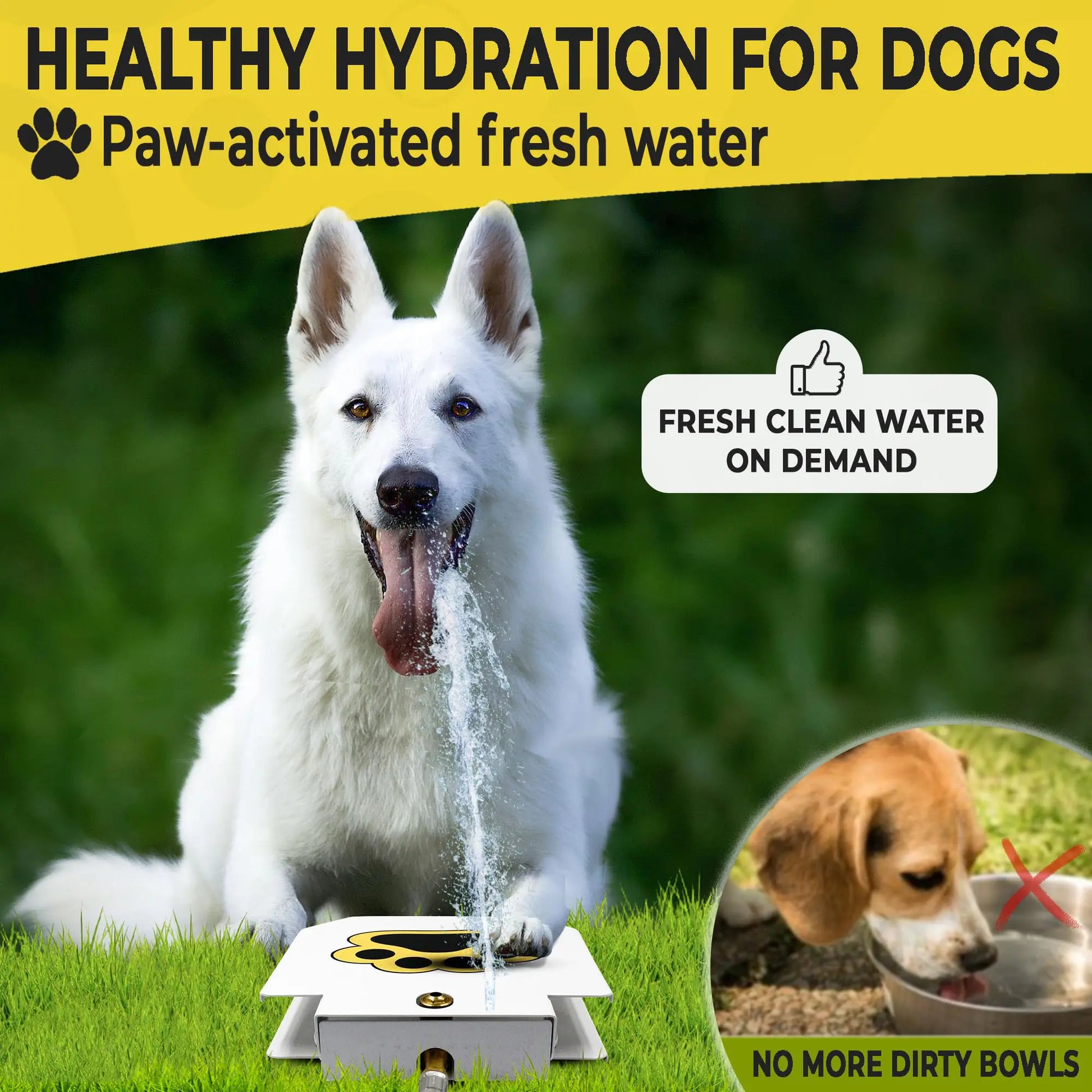Outdoor Dog Water Fountain Step on - Upgrade Large Dog Sprinkler Drinking Water Dispenser Dog Paw Waterer Activated with Stainless Steel Hose Provides Fresh Water, Sturdy, Easy to Use