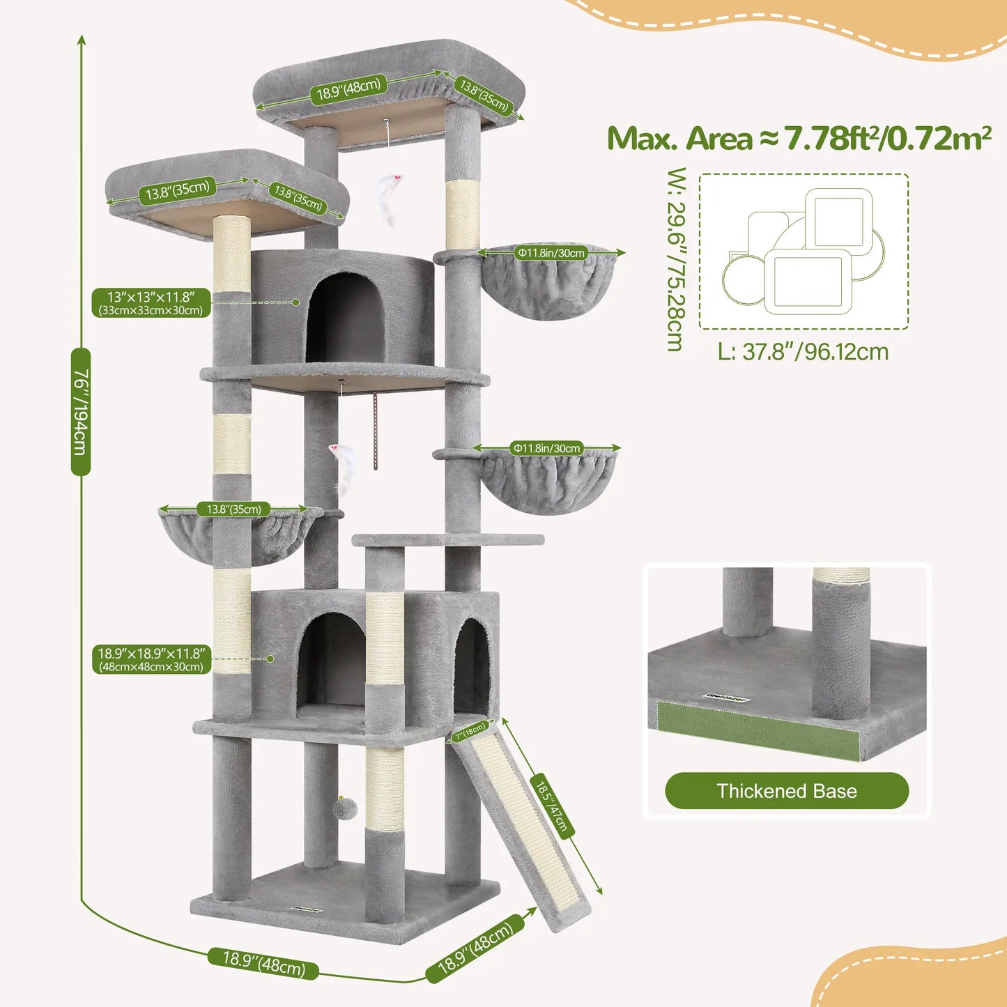 DESKAT 76" Cat Tree for Large Cats,2 Condos & 3 Hammocks, Sisal Scratching Posts, F76,