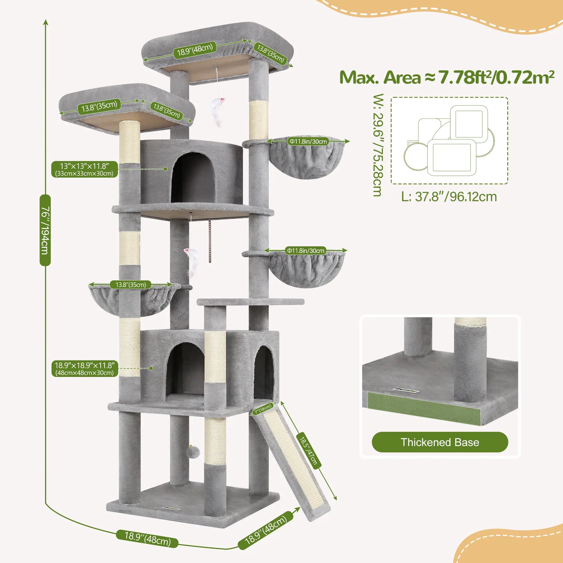 DESKAT 76" Cat Tree for Large Cats,2 Condos & 3 Hammocks, Sisal Scratching Posts, F76,