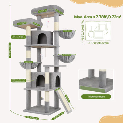DESKAT 76" Cat Tree for Large Cats,2 Condos & 3 Hammocks, Sisal Scratching Posts, F76,