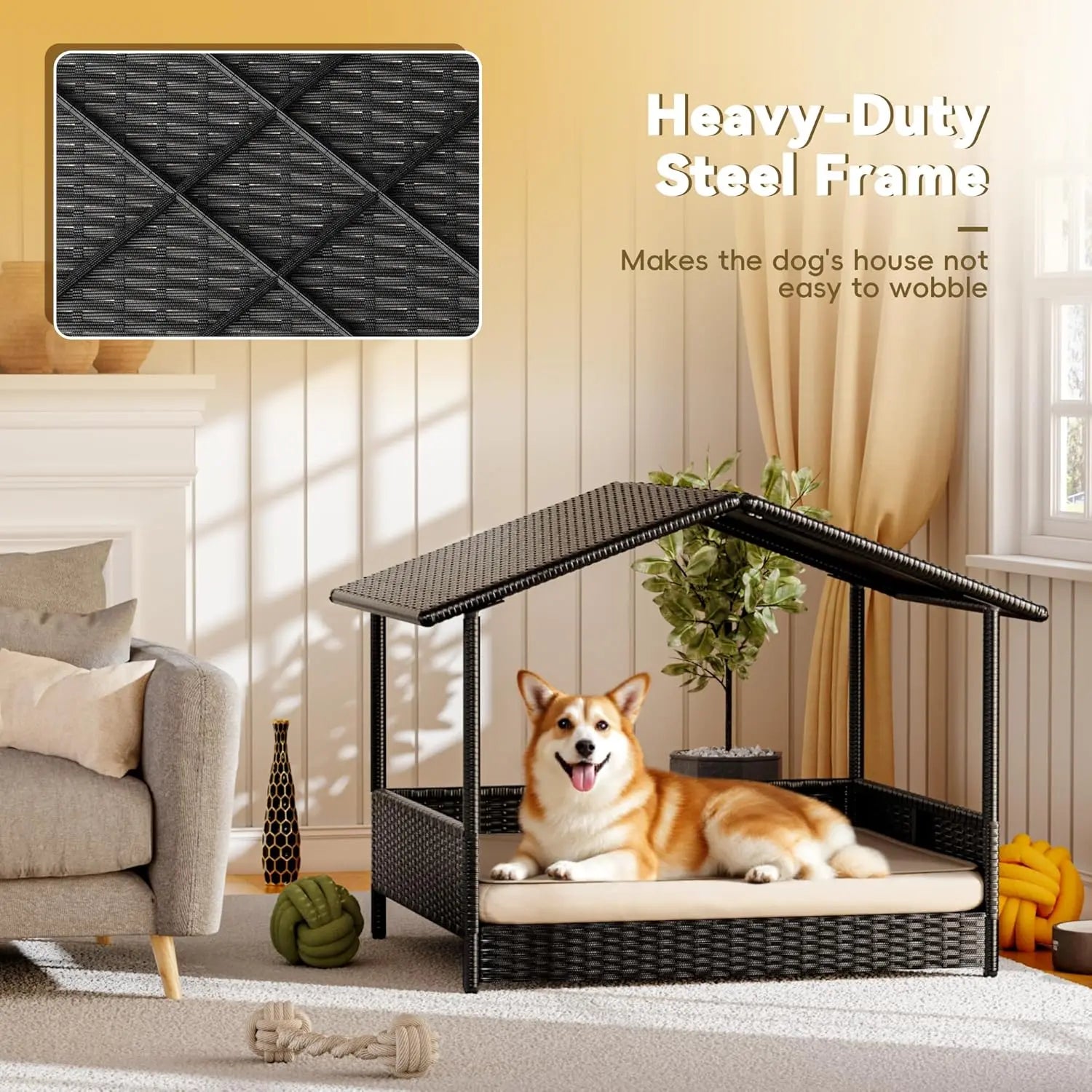 Warcat Wicker Dog House Outdoor Indoor Elevated Dog Shelter Dog Bed with Cushion, for Deck, Patio, Yard, Home #Tiktokshopdealsforyoudays #Dealsforyoudays