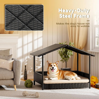 Warcat Wicker Dog House Outdoor Indoor Elevated Dog Shelter Dog Bed with Cushion, for Deck, Patio, Yard, Home #Tiktokshopdealsforyoudays #Dealsforyoudays