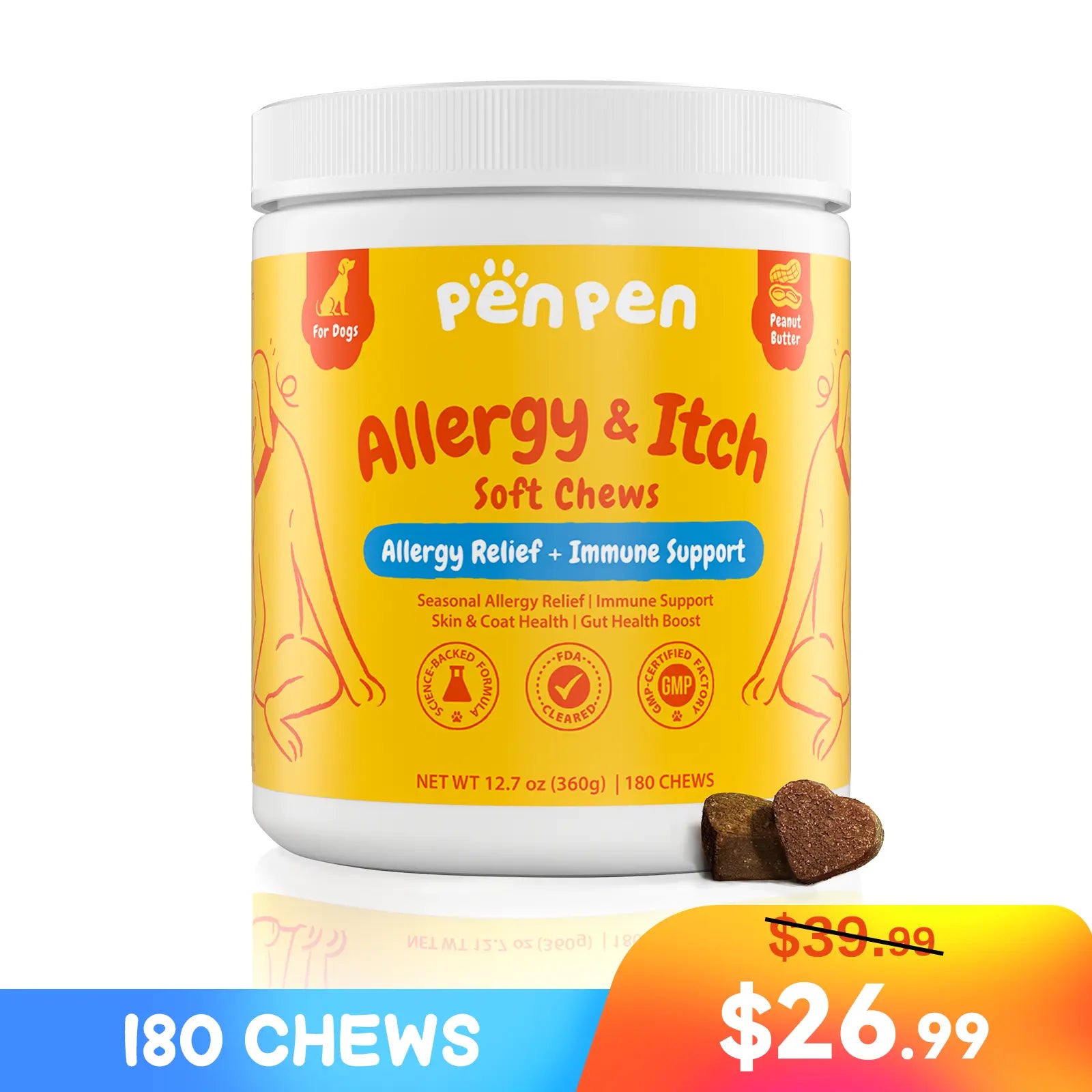 【Buy 1 Get 2】Penpen Dog Allergy-Relief Soft Chews, Omega 3 for Itching Skin Immune Support Peanut Butter Flavor 24 Months Supply